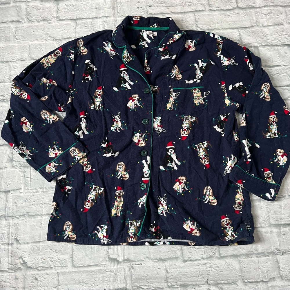 Insomniac Christmas Button Front Long Sleeve Pajama Shirt Dog Festive Cotton